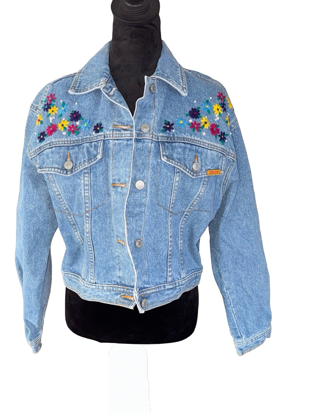 90s Jordache Women Vintage Embroidered‎ Denim Trucker Jacket Size M Crop Floral